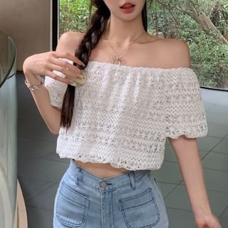 Allinya-Short-Sleeve Off Shoulder Chiffon Crop Blouse