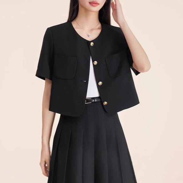 Princess Min-Short-Sleeve Round Neck Plain Single Breasted Blazer High Waist Plain Midi Pleated Skirt