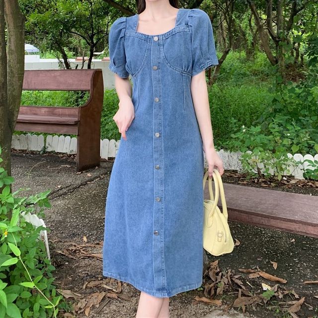 white christmas dresses Medium Wash Denim Square Neck Button Up Mini Dress main image 1