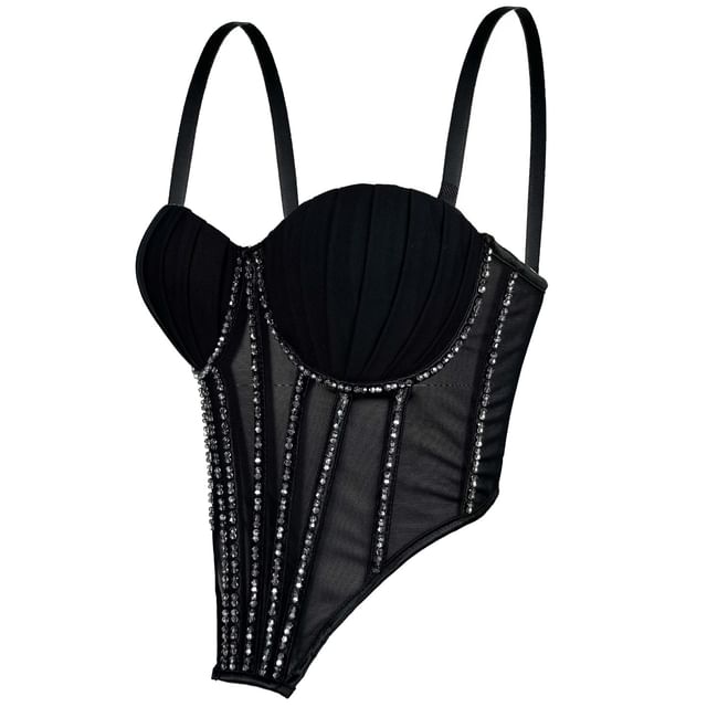 Doowex-Plain Beaded Mesh Bustier Top
