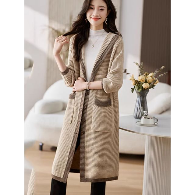 Jeonseon-Two Tone Hooded Button-Up Plain Long Knit Coat