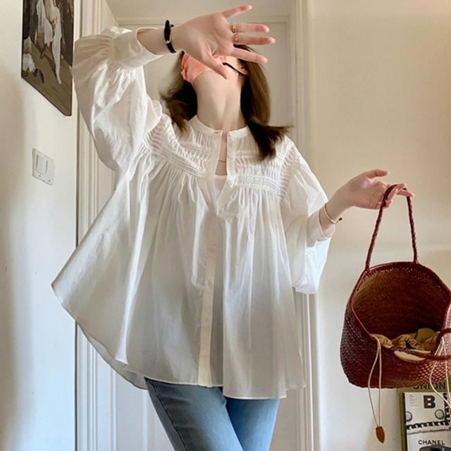 GOUB-Puff-Sleeve Plain Shirred Keyhole Blouse