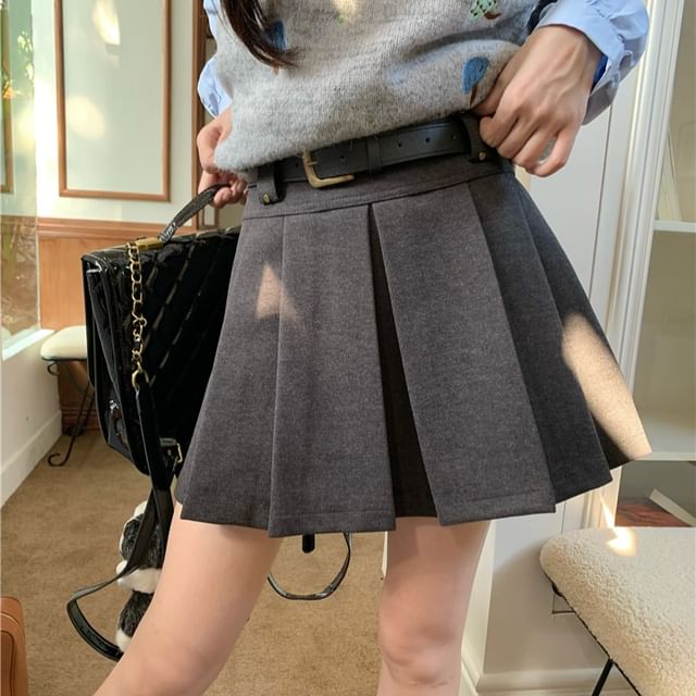 Beem-Set High Waist Plain Mini Pleated Skirt Belt