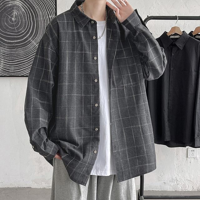 ROOSE-Long-Sleeve Collared Plaid Shirt