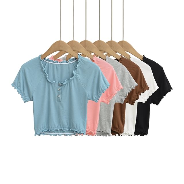 Ulark-Short Sleeve Round Neck Plain Frill Button Crop Top