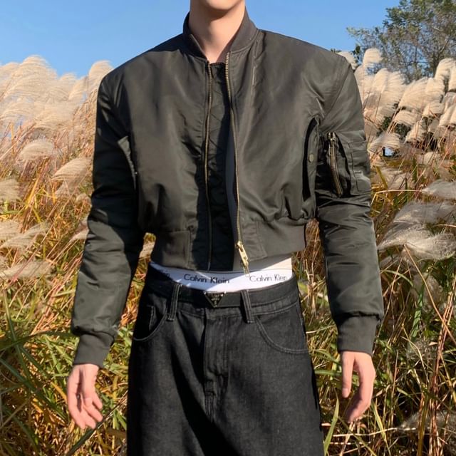 Adothuiastic-Plain Zip-Up Crop Bomber Jacket