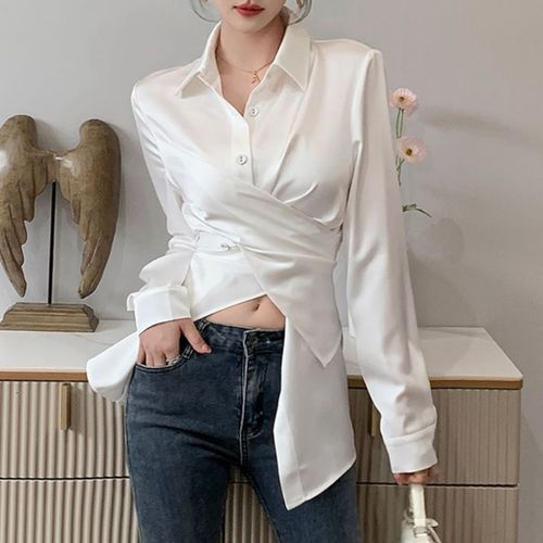 White satin on sale blouse long sleeve