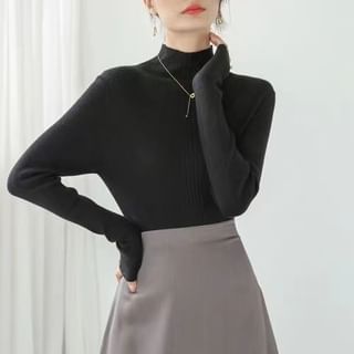 Everose-Long-Sleeve Mock Neck Plain Knit Top