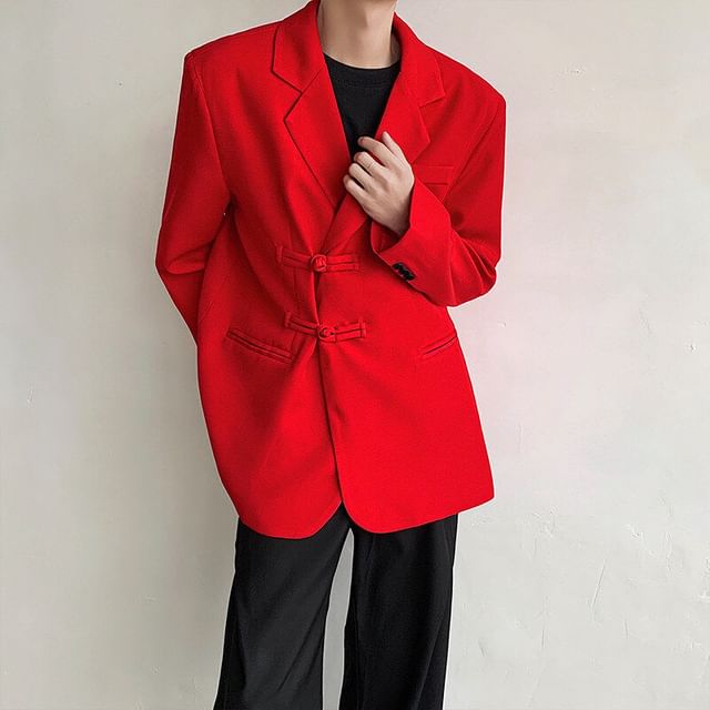ravewider-Notch Lapel Plain Frog Button Blazer