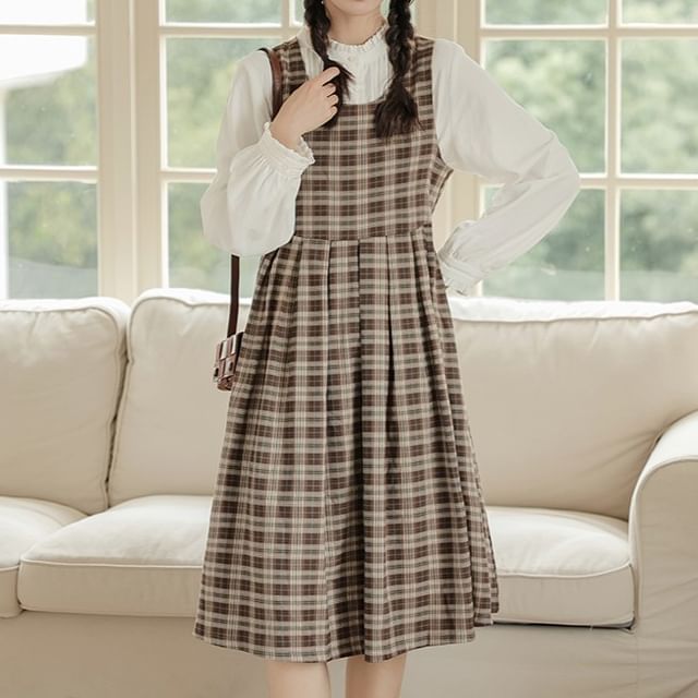 womens brown leather dress boots Cottagecore Plaid Fabric Stitched Pinafore Dress Dress ONLY main image 1