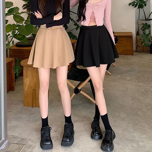 Sienne-High Waist Plain Mini A-Line Skirt
