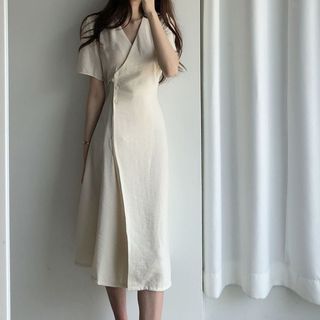 Hazie - Short-Sleeve V-Neck Midi Wrap Dress | YesStyle