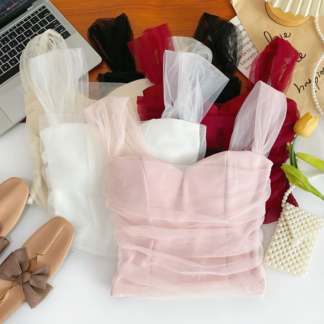 Iasia-Plain Ruched Mesh Overlay Camisole Top