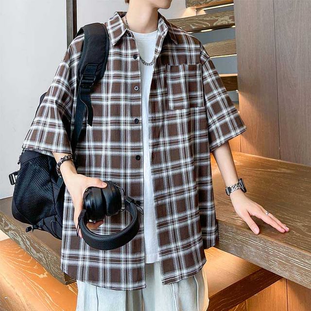 Fushet-Short Sleeve Collared Drop Shoulder Plaid Oversized Button Up Shirt