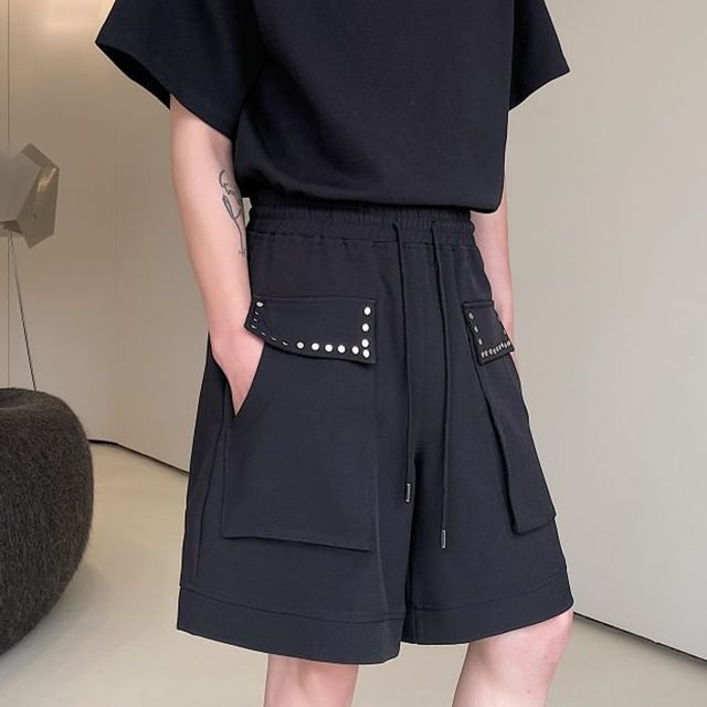 Bjorn-Drawstring Waist Plain Studded Shorts