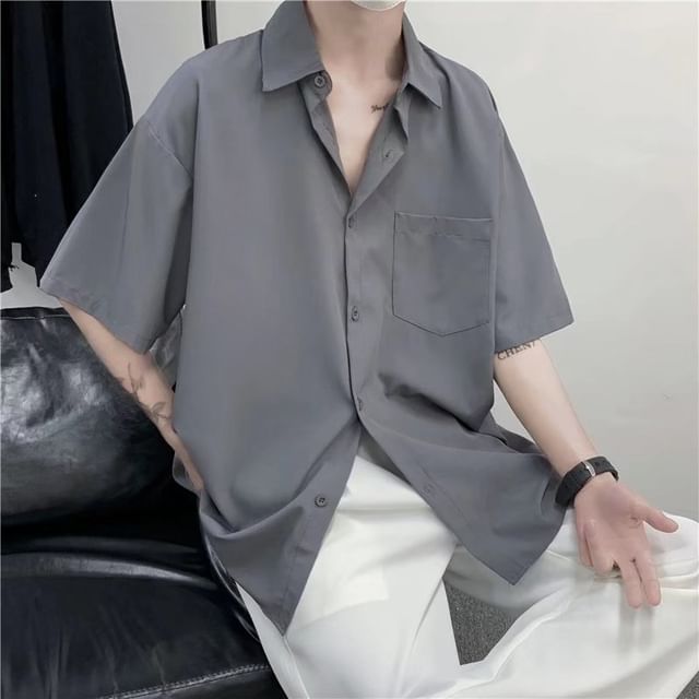JUN-LEE-Elbow-Sleeve Pocketed Plain Shirt
