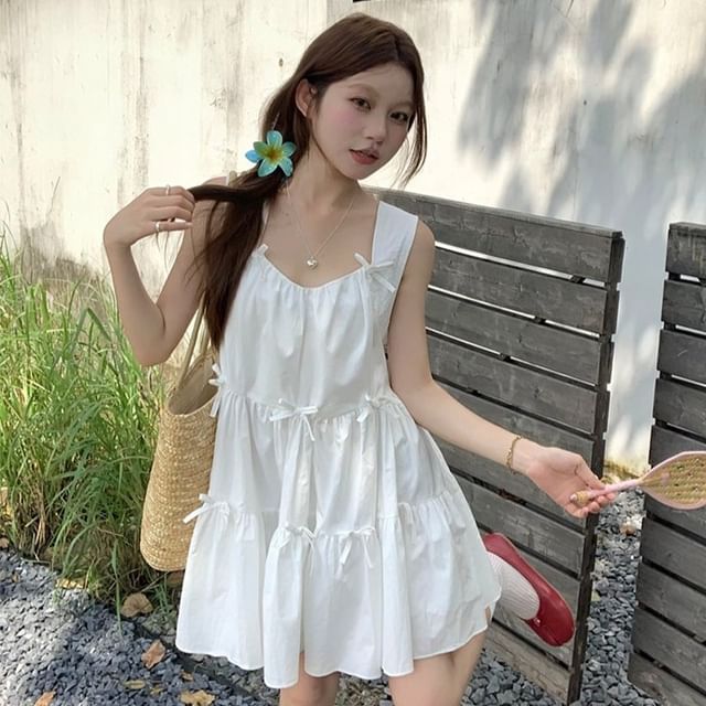 Happo-Sleeveless Square Neck Plain Bow Panel Mini A-Line Dress