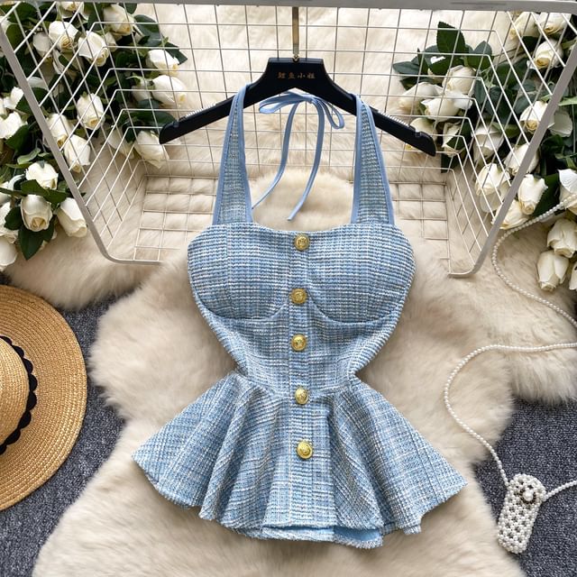 Lucuna-Halter Padded Peplum Button Tweed Tank Top