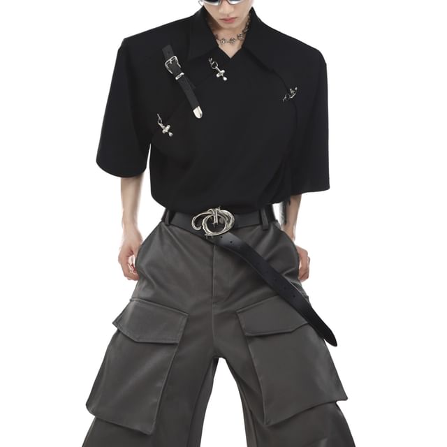 kooklay-Elbow-Sleeve Collar Plain Buckled T-Shirt