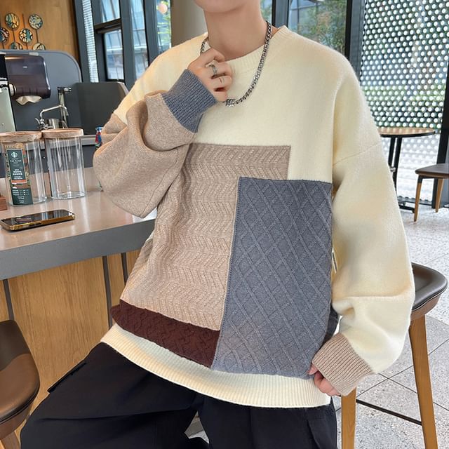 Stone Leo-Crew Neck Color Block Oversized Sweater