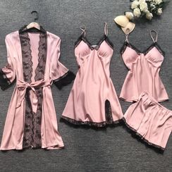 Almilo - Pajama Set: Lace Trim Camisole Top + Shorts + Spaghetti Strap Pajama Dress + Lace Trim Robe Almilo - Pajama Set: Lace Trim Camisole Top + Shorts + Spaghetti Strap Pajama Dress + Lace Trim Robe