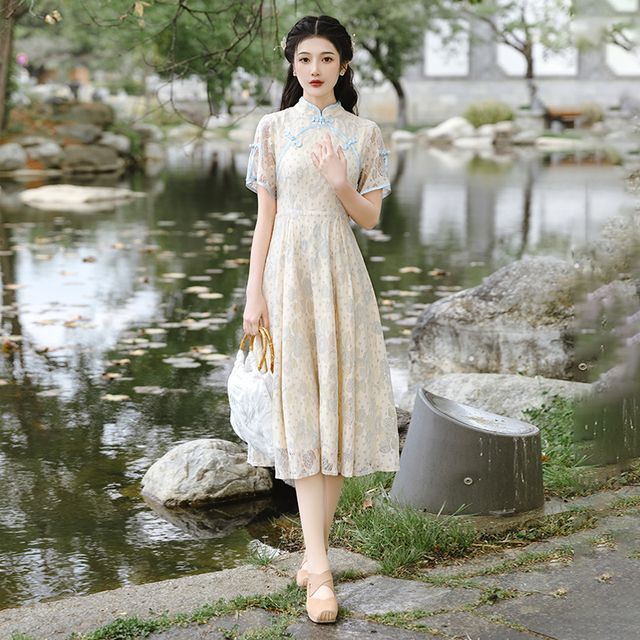 Nebbia - Short-Sleeve Floral Print Frog Buttoned Midi A-Line Lace Dress |  YesStyle