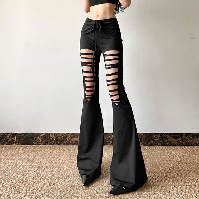 Bababy-Low Rise Plain Cutout Flared Pants