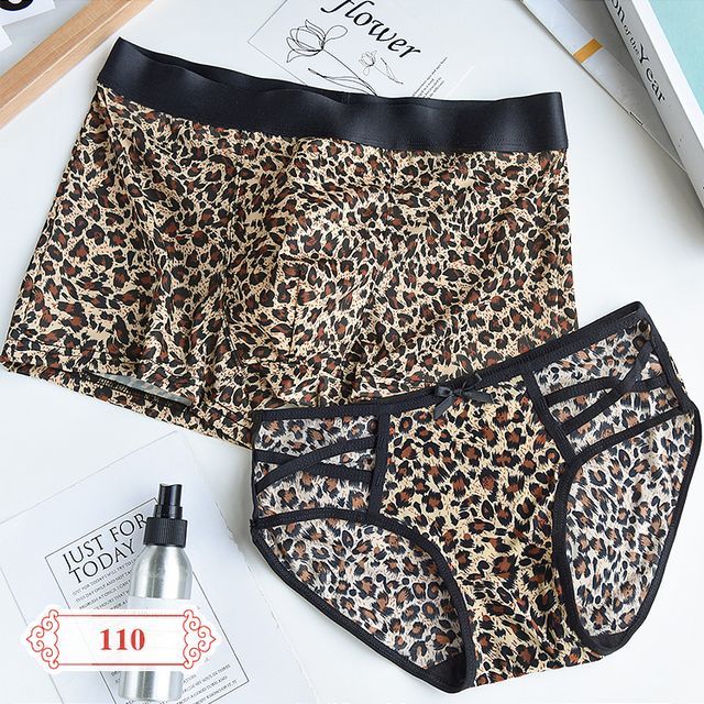 Couple Matching Set: Leopard Print Boxer Briefs + Lace Trim Bikini Panties
