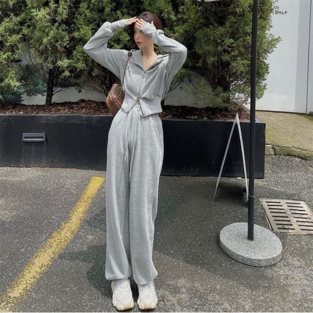 monroll-Set Plain Zip Oversized Hoodie Drawstring Waist Plain Straight Leg Sweatpants