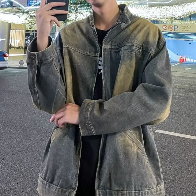 Ateso-Band Collar Washed Zip Denim Jacket