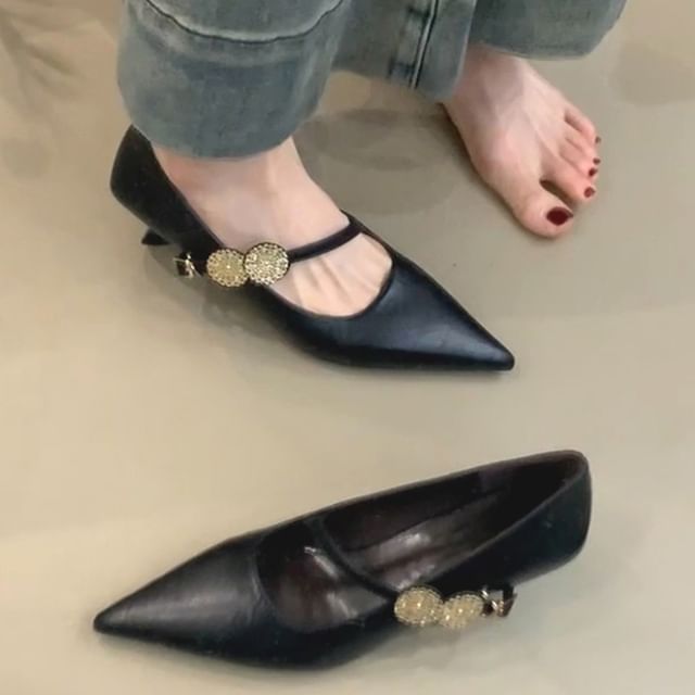 Anran-Pointed Toe Kitten Heel Mary Jane Pumps