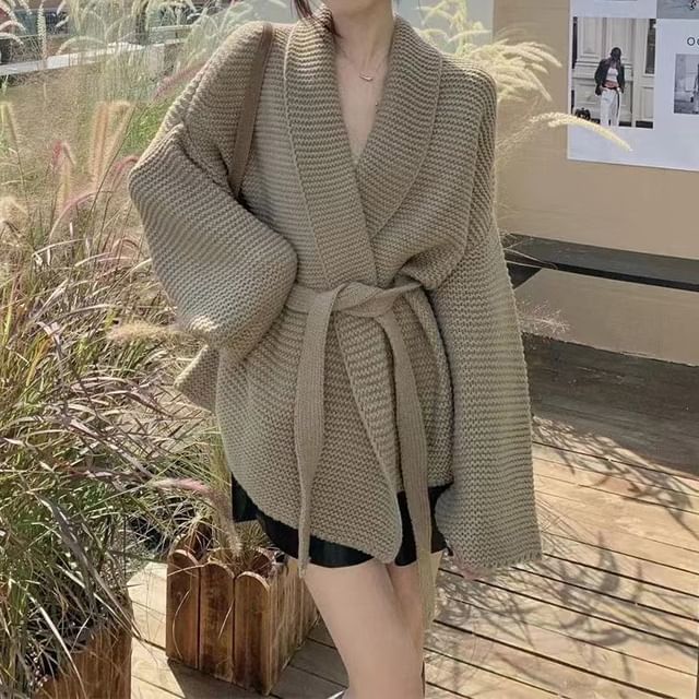 FR-V-Neck Plain Tie-Front Cardigan