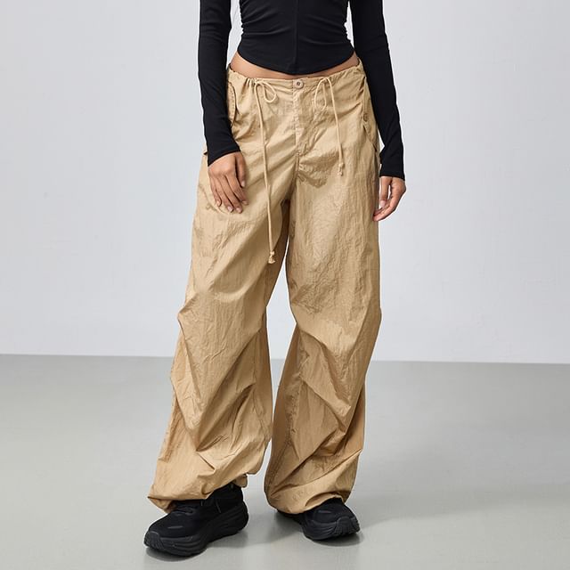 Maisee-Drawstring Waist Plain Baggy Parachute Pants