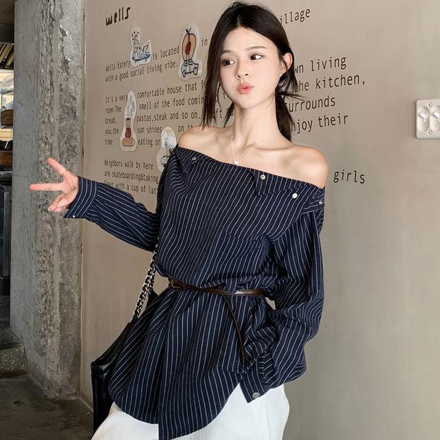 Duwnie-Off-Shoulder Striped Blouse