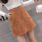 Peachton - Faux Suede Front Zip A-Line Mini Skirt