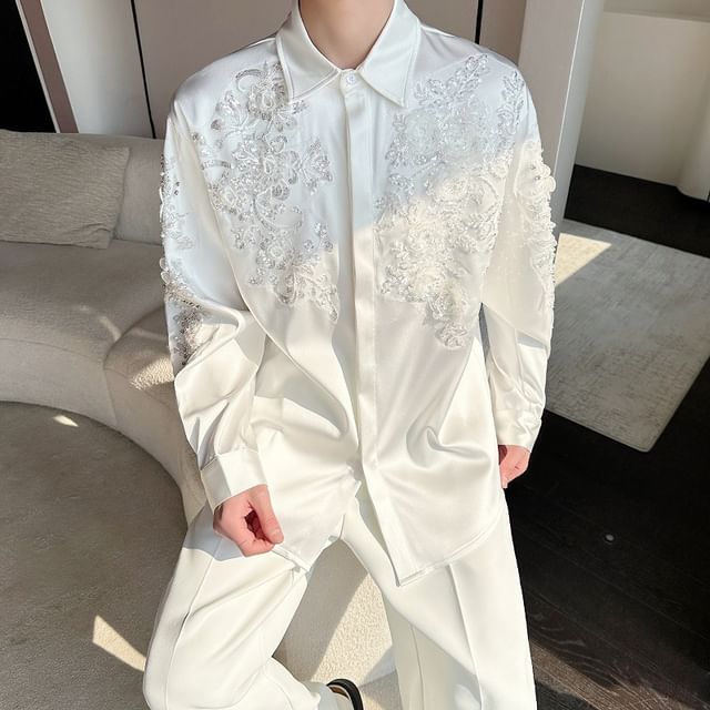 Omozando-Long-Sleeve Sequin Plain Shirt