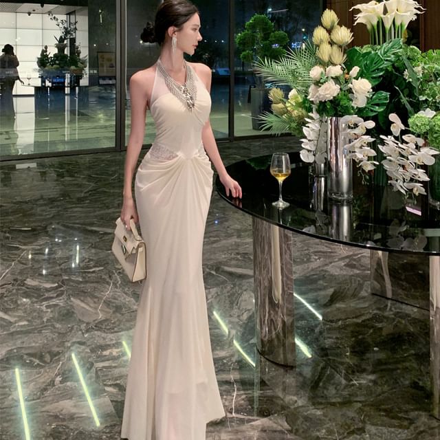 JIYON-Halter Open Back Bead Rhinestone Maxi Sheath Dress