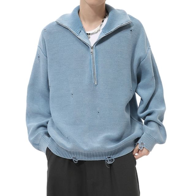 FAERIS-Stand Collar Plain Half Zip Oversized Sweater