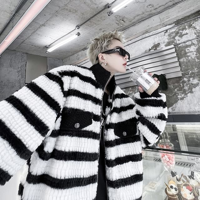 Patow-Striped Faux Shearling Zip Jacket