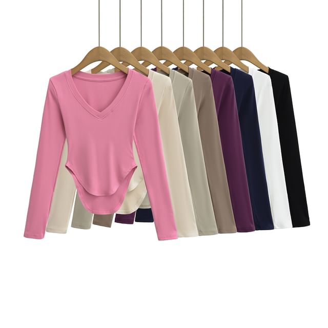 Asiris-Long-Sleeve V-Neck Plain Asymmetrical T-Shirt