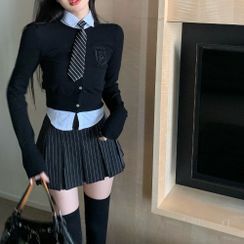 Beem - Embroidered Cardigan / Shirt / Striped Tie / Pinstriped Pleated Mini Skirt