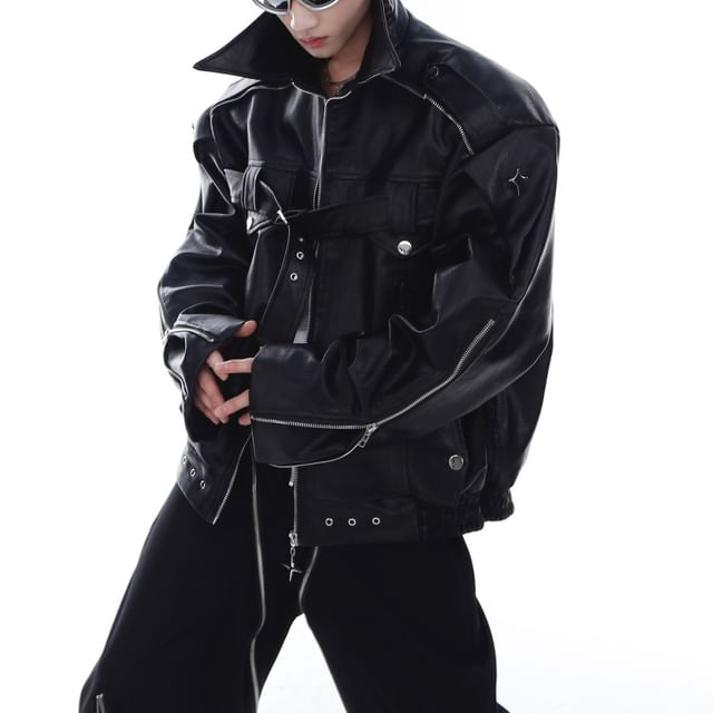 kooklay-Collared Plain Faux Leather Zip Jacket