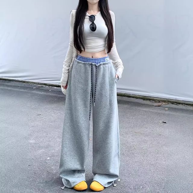 ANORA-Drawstring Waist Mock Two-Piece Plaid Panel Baggy Sweatpants