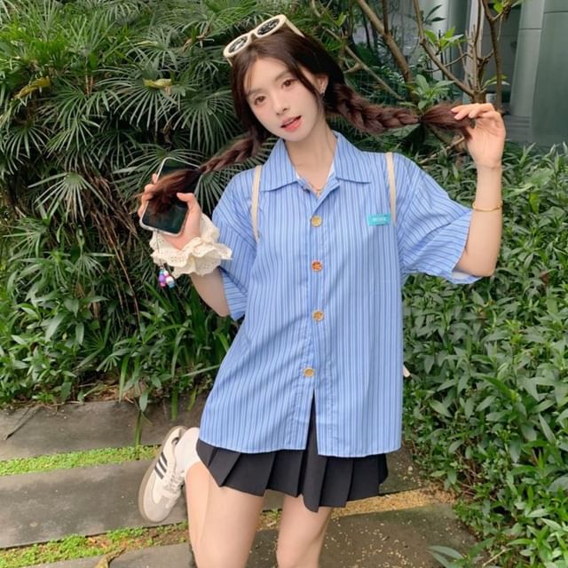 Iduna-Elbow-Sleeve Striped Shirt