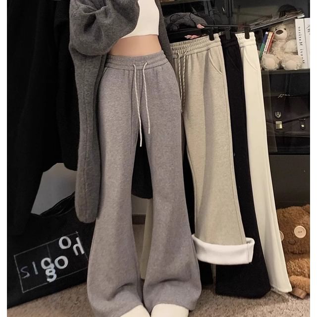 Trendycas-Drawstring Waist Fleece-Lined Flared Sweatpants