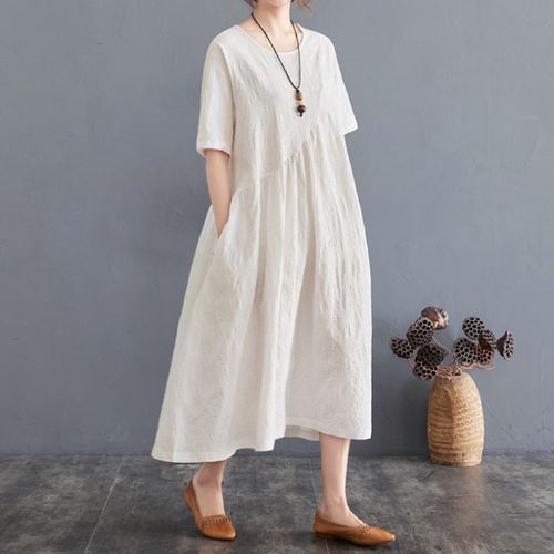 Taragon - Elbow-Sleeve Crew Neck Plain Linen Midi A-Line Dress | YesStyle