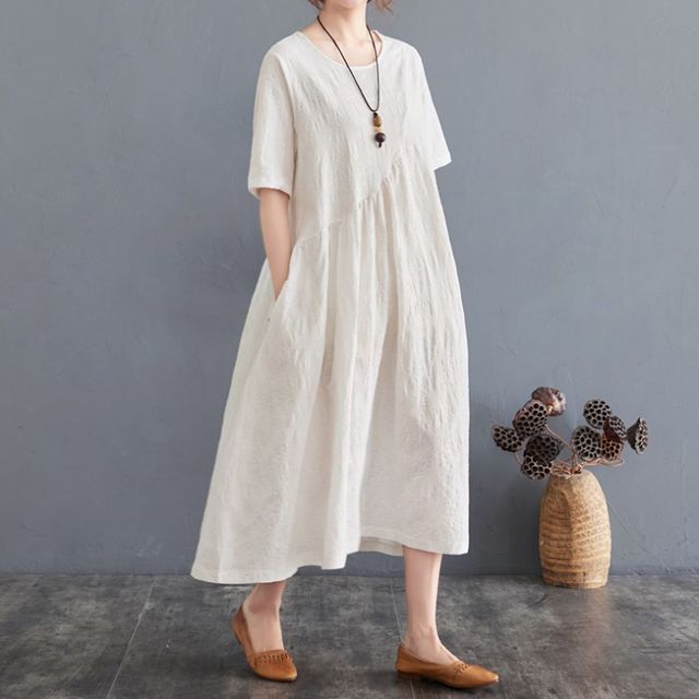 Taragon - Elbow-Sleeve Crew Neck Plain Linen Midi A-Line Dress | YesStyle