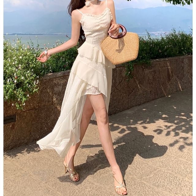 ruffle trim backless asymmetrical hem dress Women's Solid Color Asymmetrical Ruffle Trim Backless Halter Neck Dress EMMACLOTH