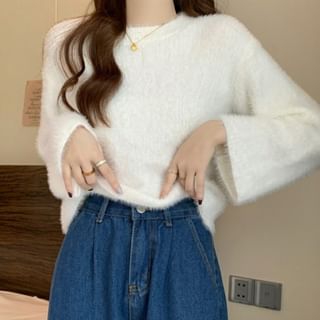 Sisyphi-Drop Shoulder Crew Neck Plain Fleece Crop Sweater