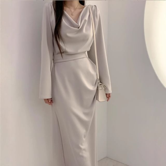 Auboi - Long-Sleeve Cowl Neck Plain Midi Sheath Dress | YesStyle